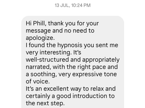 Text message thanking Phill for a hypnosis recording