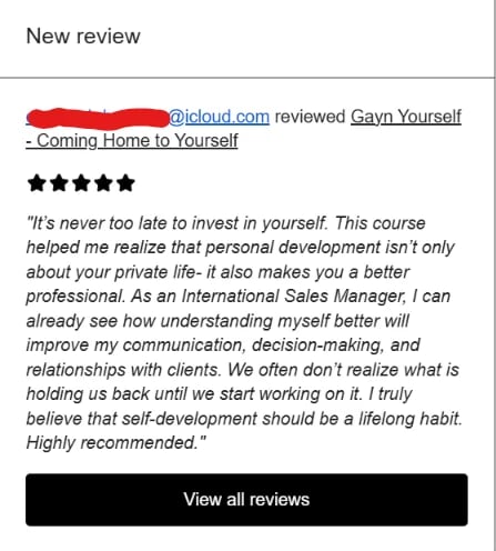 Five-star review from a customer praising the Gayn Yourself course