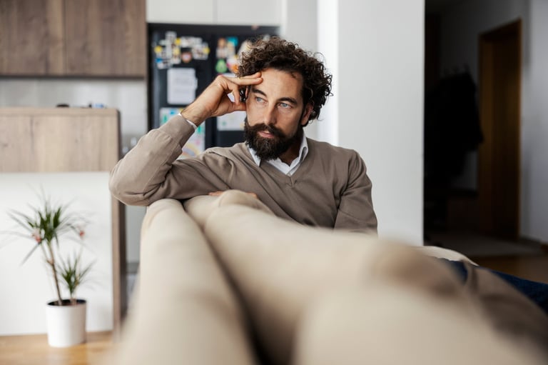 Man with curly hair and beard sitting at desk, reviewing blueprints in modern office
